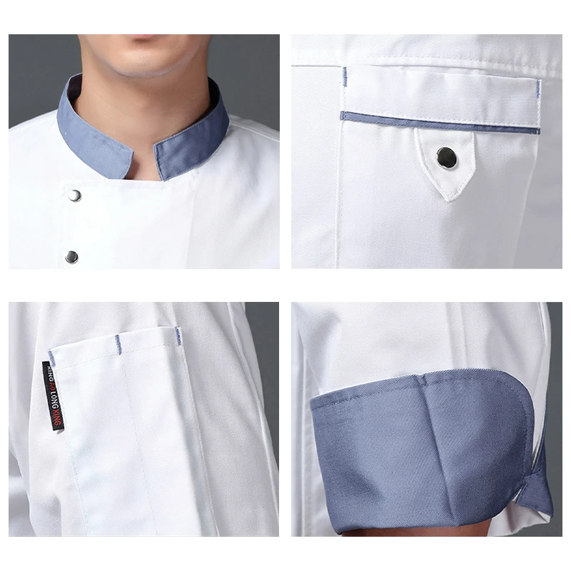 Uniforme de cozinha masculino de manga comprida, Chef Jacket, Restaurante ocidental, Traje de cozinheiro, Padaria Catering Garçom Macacão, branco