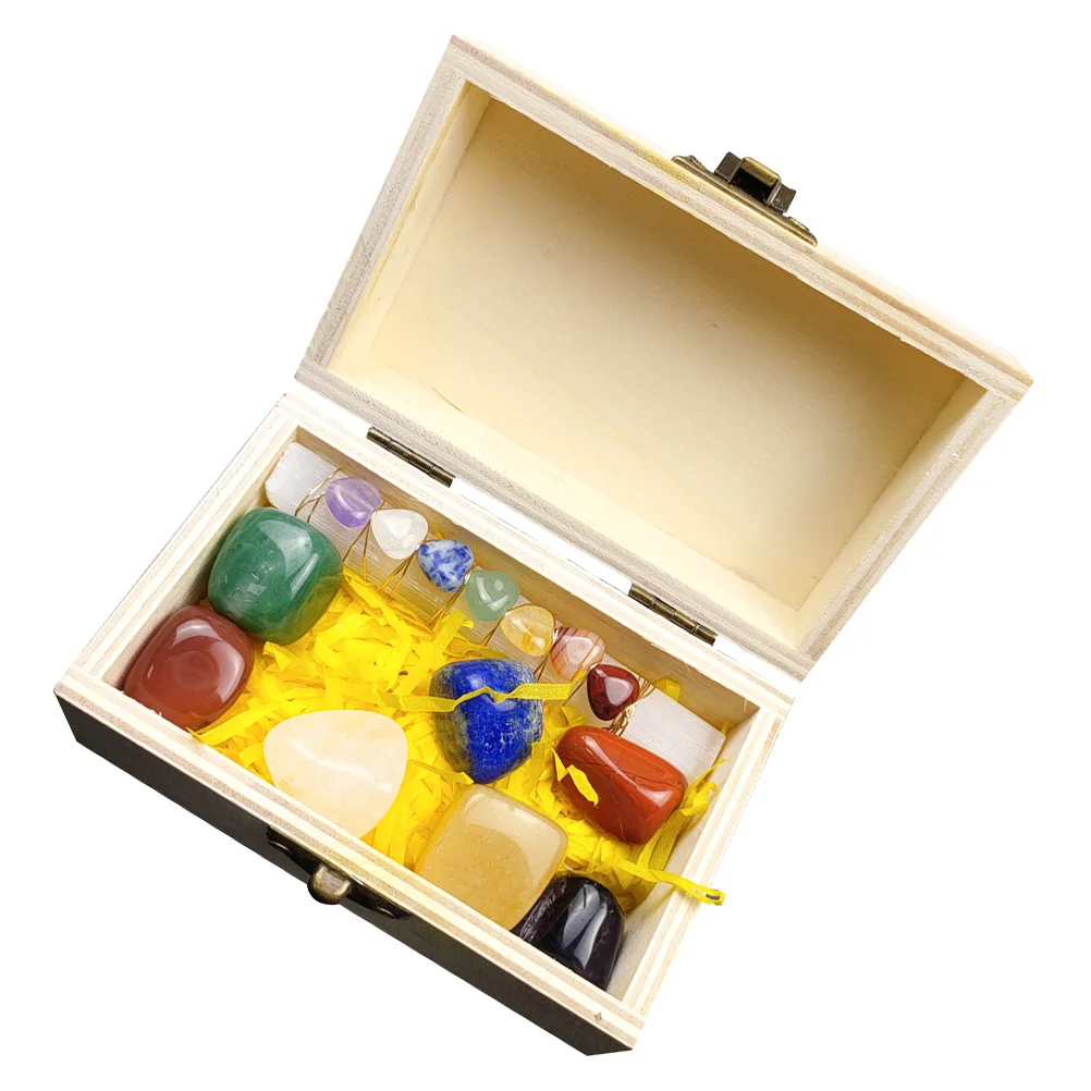 

Gypsum Ornaments Decorative Gemstone Healing Kit Wooden Storage Box Chakra Stones Meditation Decoration Crystal
