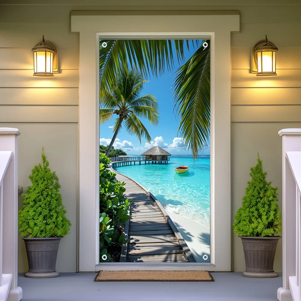 2D door curtain, 1 piece. Caribbean tropical beach palm tree and ocean scenery door cover - polyester fiber festive decoration