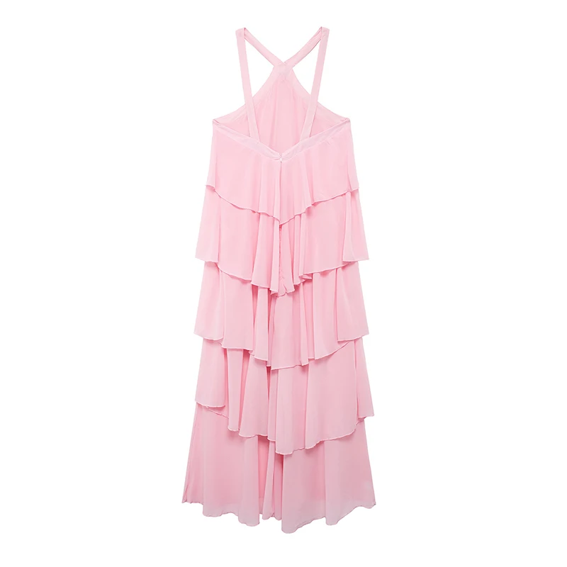 YENKYE Sexy Backless Layered Ruffles Pink Long Dress For Women Sleeveless 3D Flower Summer Elegant Party Maxi Dresses Holiday