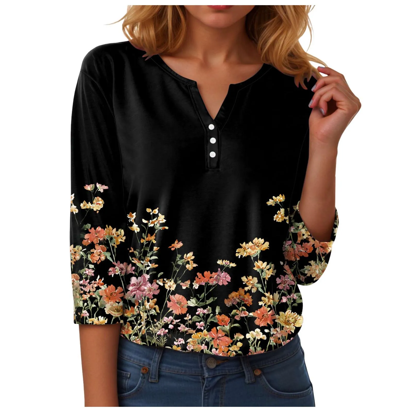 

Womens T-Shirts Fashionable Floral Printed V Neck Button Short Sleeve T Shirt Top Loose Pullovers Woman'S Tops Basic Tees