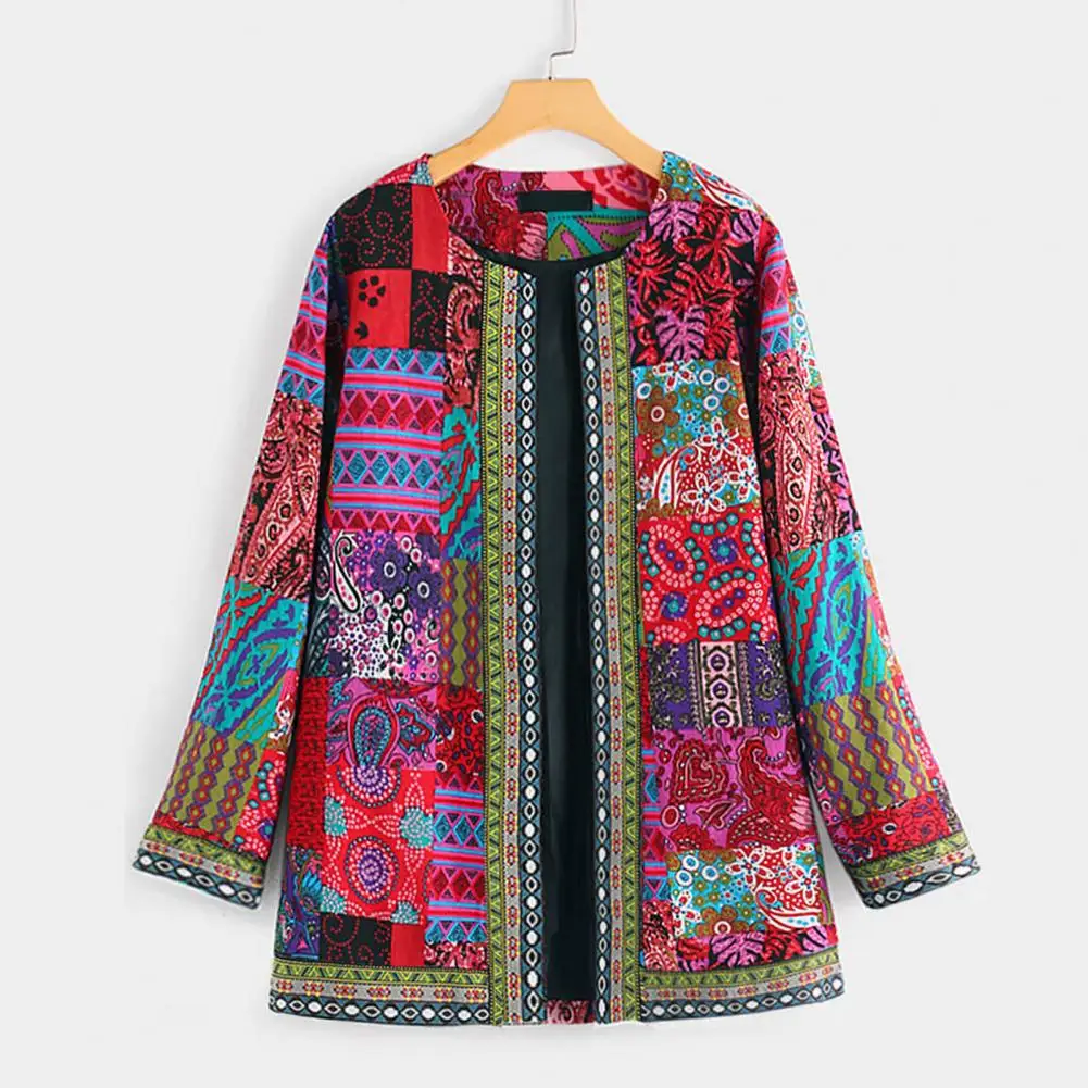 Coat Geometric Print Open Stitch Jacket Autumn Winter Women Cardigan Coat Long Sleeve Open Stitch Jacket for Vacation