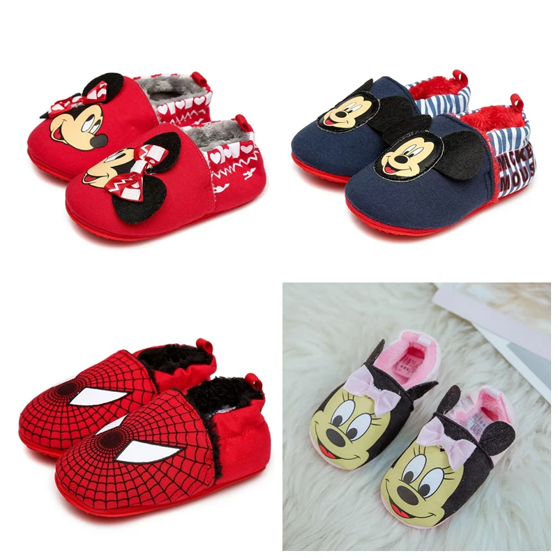 

Winter Disney Baby Boy Girl Cotton Slippers Princess Cartoon Mickey Minnie Spiderman Print Children Soft Anti Slip Toddler Shoes