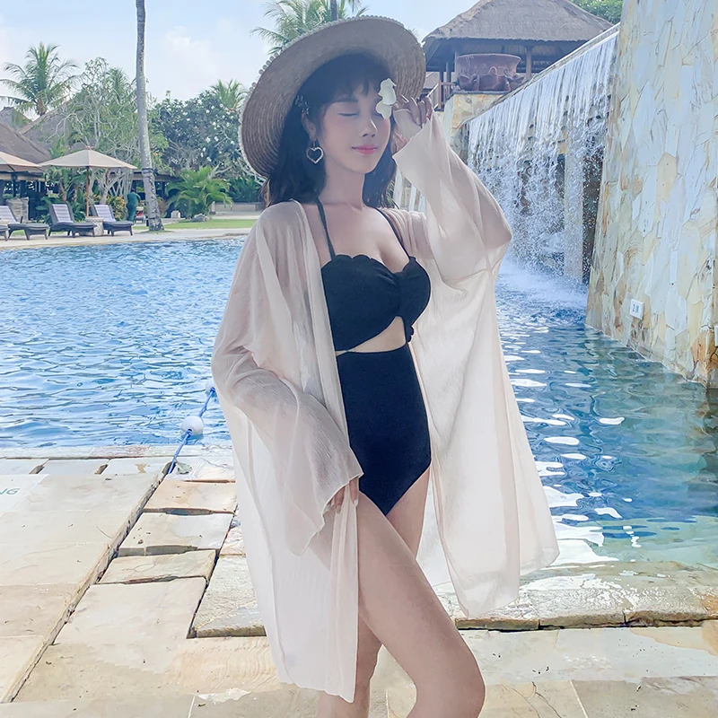 

Летний новый легкий плиссированный кардиган из шифона для пляжного отдыха, женский, средней длины, тонкий, свободный, длинный, для защиты от солнца...