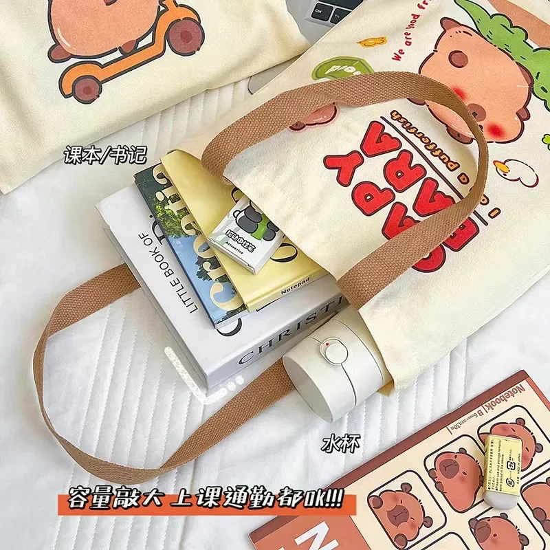 Cartoon Capybara canvas Handbag Totes Hollow Out Shoulder Bag For Student file collection bag Casual Large Capacity Pack