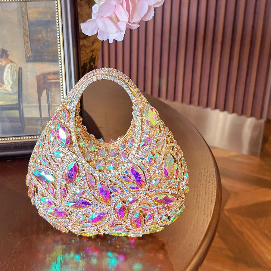 Light Luxury Multi-Color Full Diamond Portable Dinner Bag Hollow Design Exquisite Shining Extravagant Atmosphere Handbag