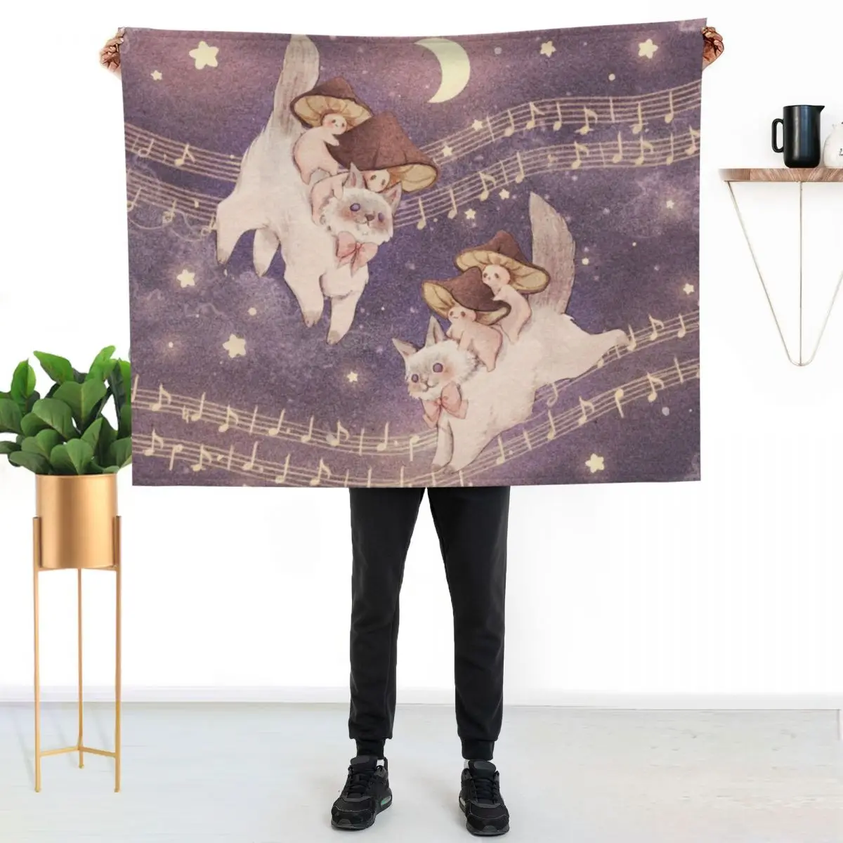 Starlit Cat Adventure - Background Throw Blanket Plaid Multi-Purpose Winter beds Flannel Fabric Retros Luxury Designer Blankets