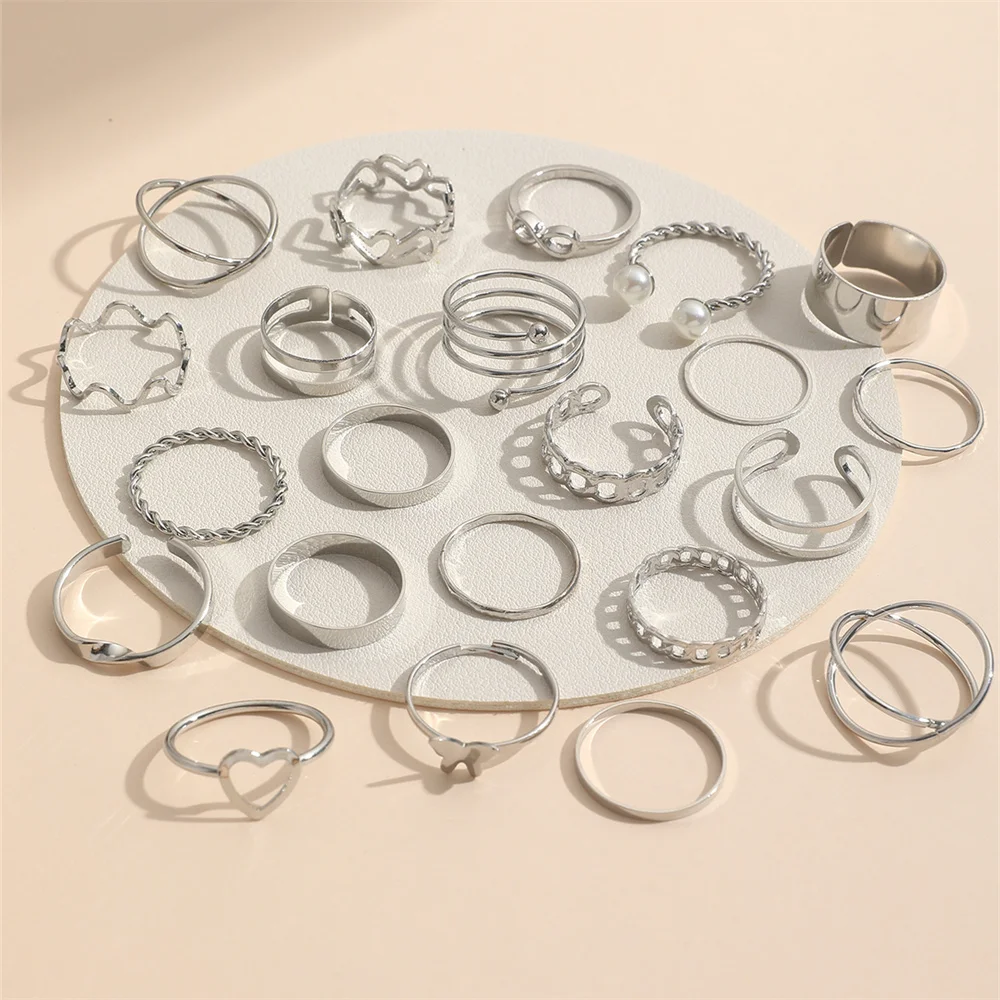 22Pcs/Set Fashion Imitation-Pearl Love Heart Cross Wave Butterfly Infinity Simple Metal Layered Geometric Hollow Ring For Woman image 4