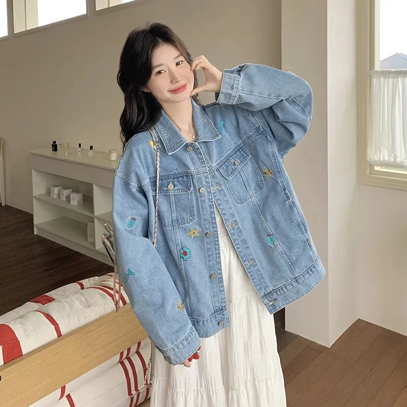 

Women's Denim Coat Fashion Flower Embroidery Single Breasted Female Washed Jackets 2026 Spring Summer New Fashion