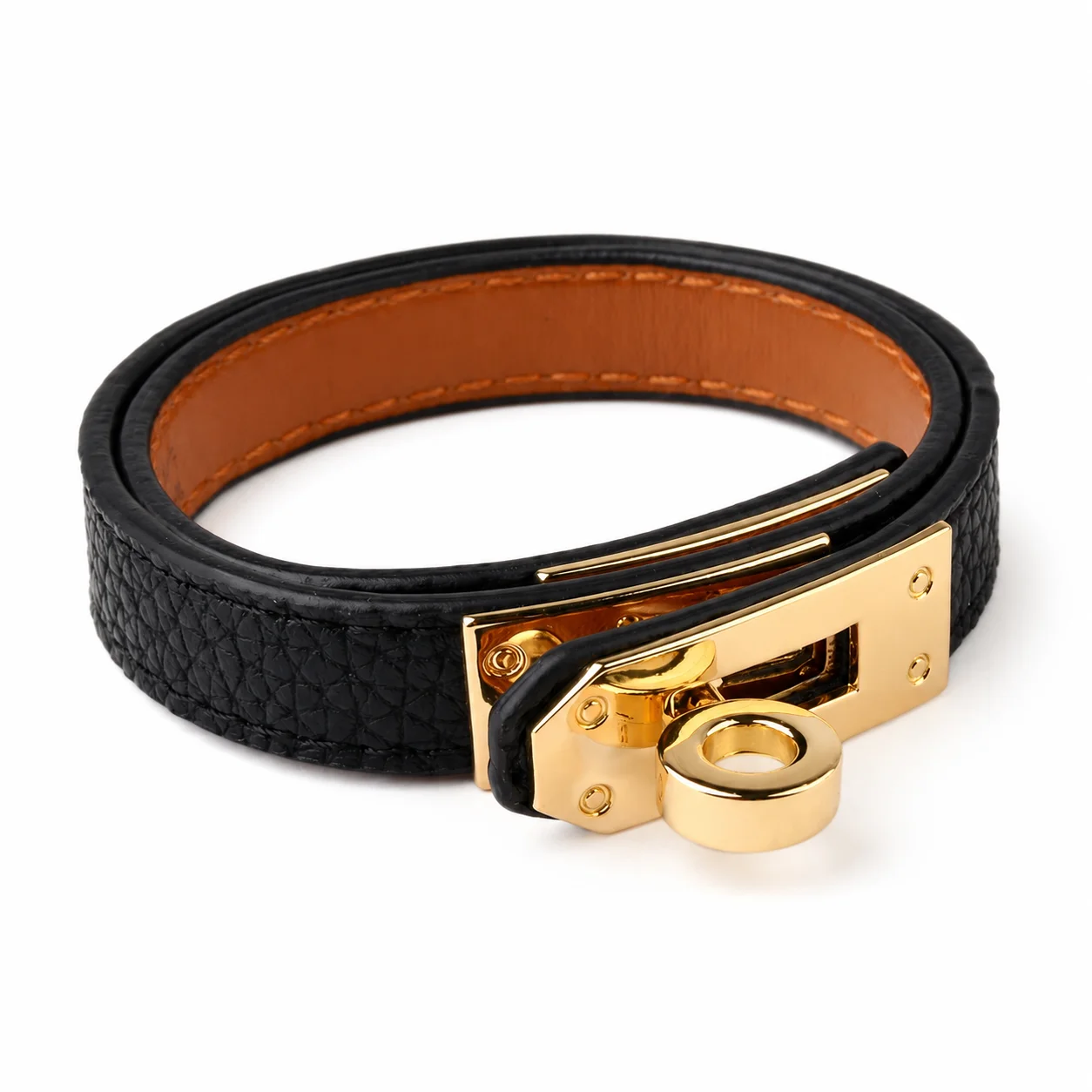 

Luxury Black Leather Bracelet Women Gold Buckle Bangle Premium Texture Mirror Polish Studs Fashion Wristband Jewelry Gifts Party