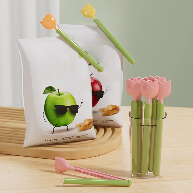 5Pcs Tulip Seal Clips Kitchen Food Snack Sealing Bag Clips With Magnetic Storage Box Reusable Bag Sealer Home Storage Tools