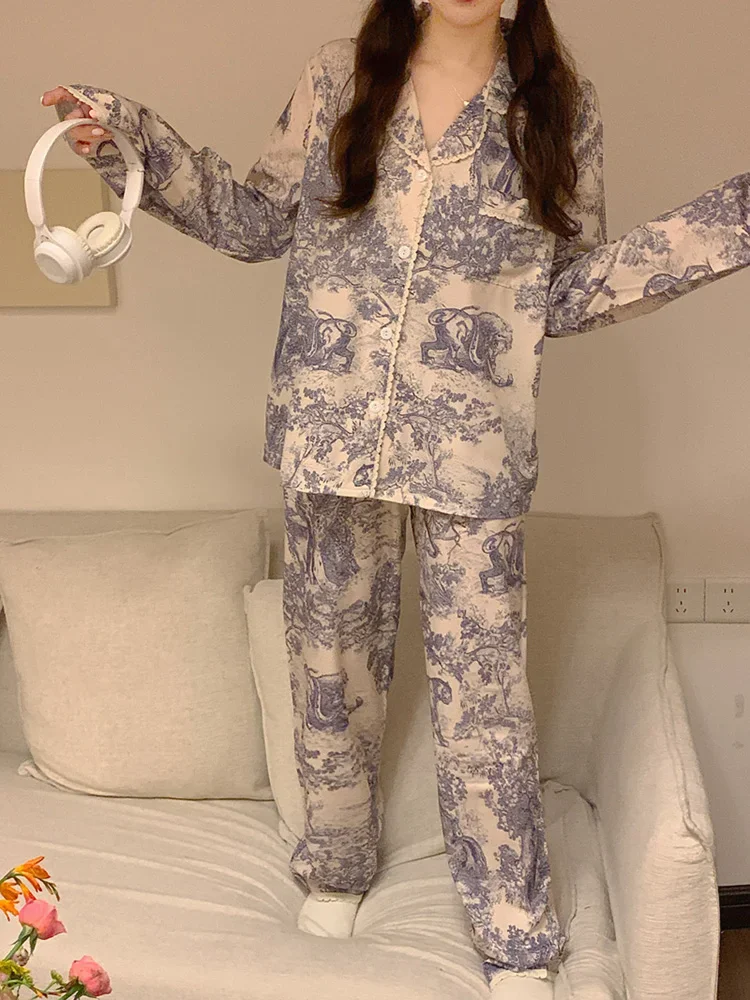 New Lace Loose Printing Autumn Winter Long Sleeve Pajama Set Women Vintage Totem Chinese style Chinese style Elegant Sleepwear