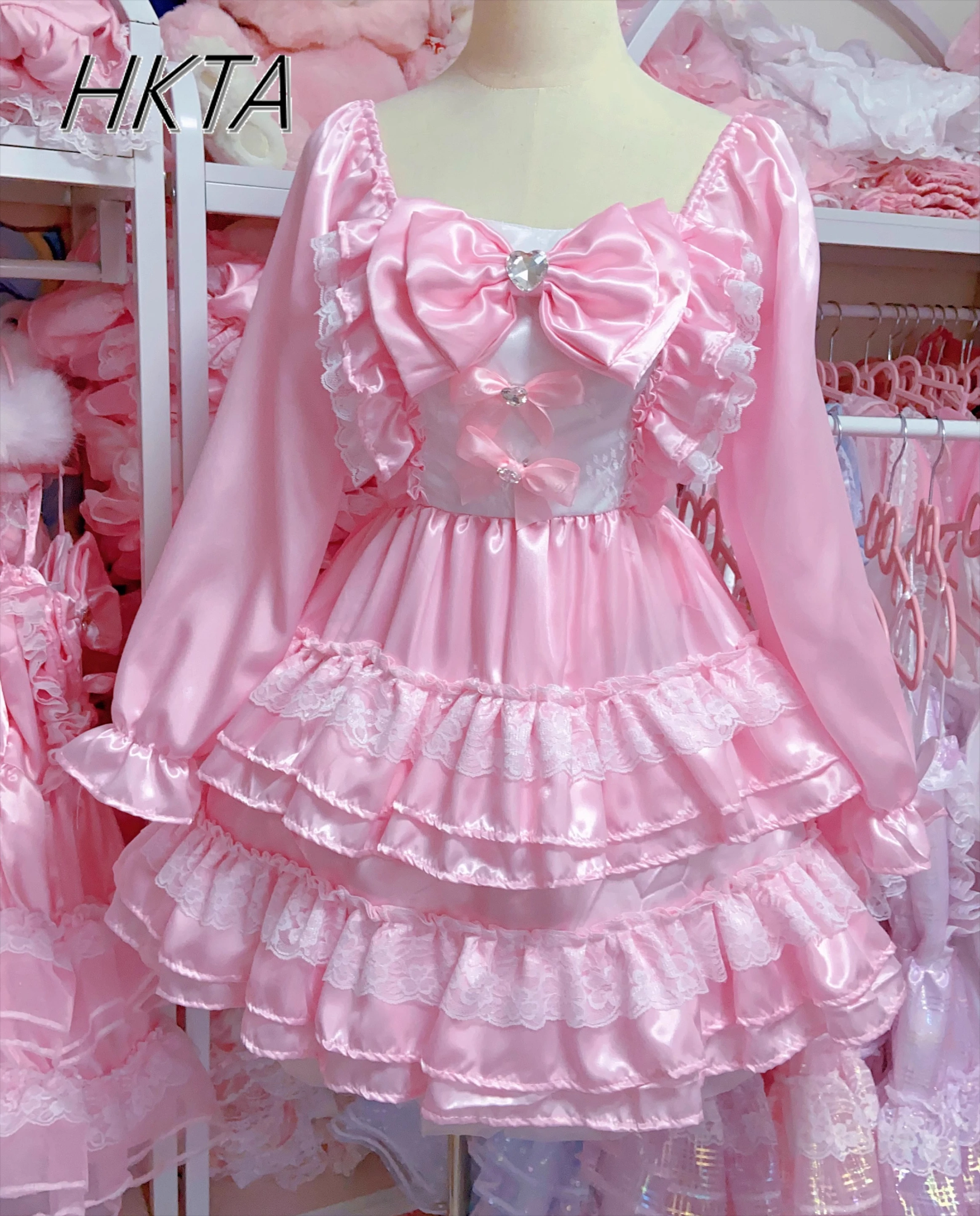 Lolita doce kawaii pescoço quadrado pétala manga longa rosa vestidos curtos feminino verão novo laço arco cintura em camadas bolo vestidos inchados