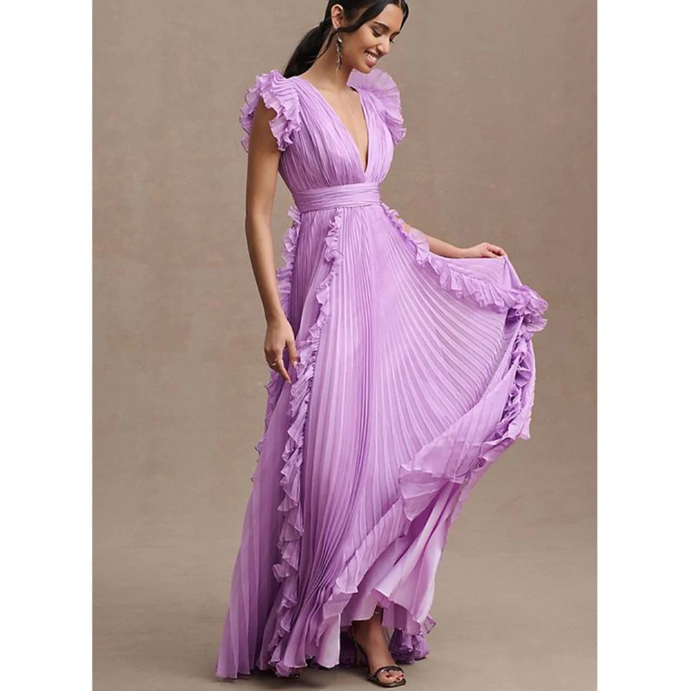 Elegant Pretty Purple Women Prom Dresses V-Neck Short Sleeves Floor Length A-Line Fashion Chic Female Party Banquet Gowns