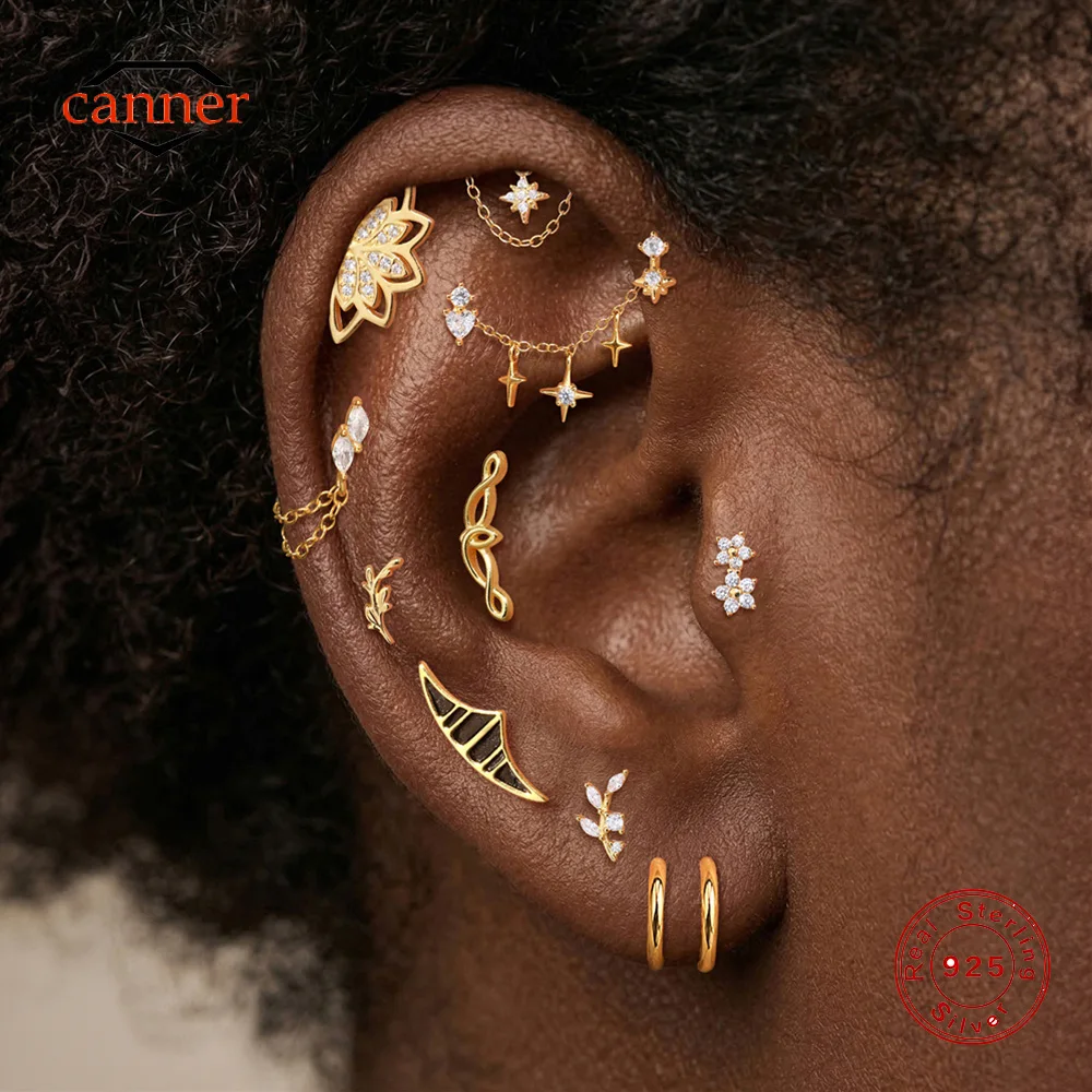 

CANNER 1PC 925 Sterling Silver Tassel Four Pointed Thread Flat Back Ear Bone For Women Double layer C-shaped Earring Jewelry