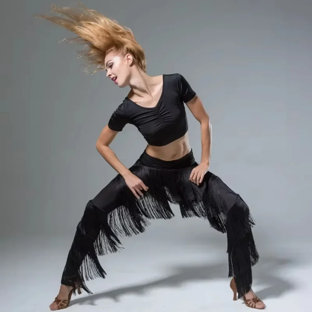 

Ladies Fringed Pants Latin Dance Wear Adult Modern Dance Pants Stage Fringe Pants Standard Ballroom Short Sleeve Top for Women