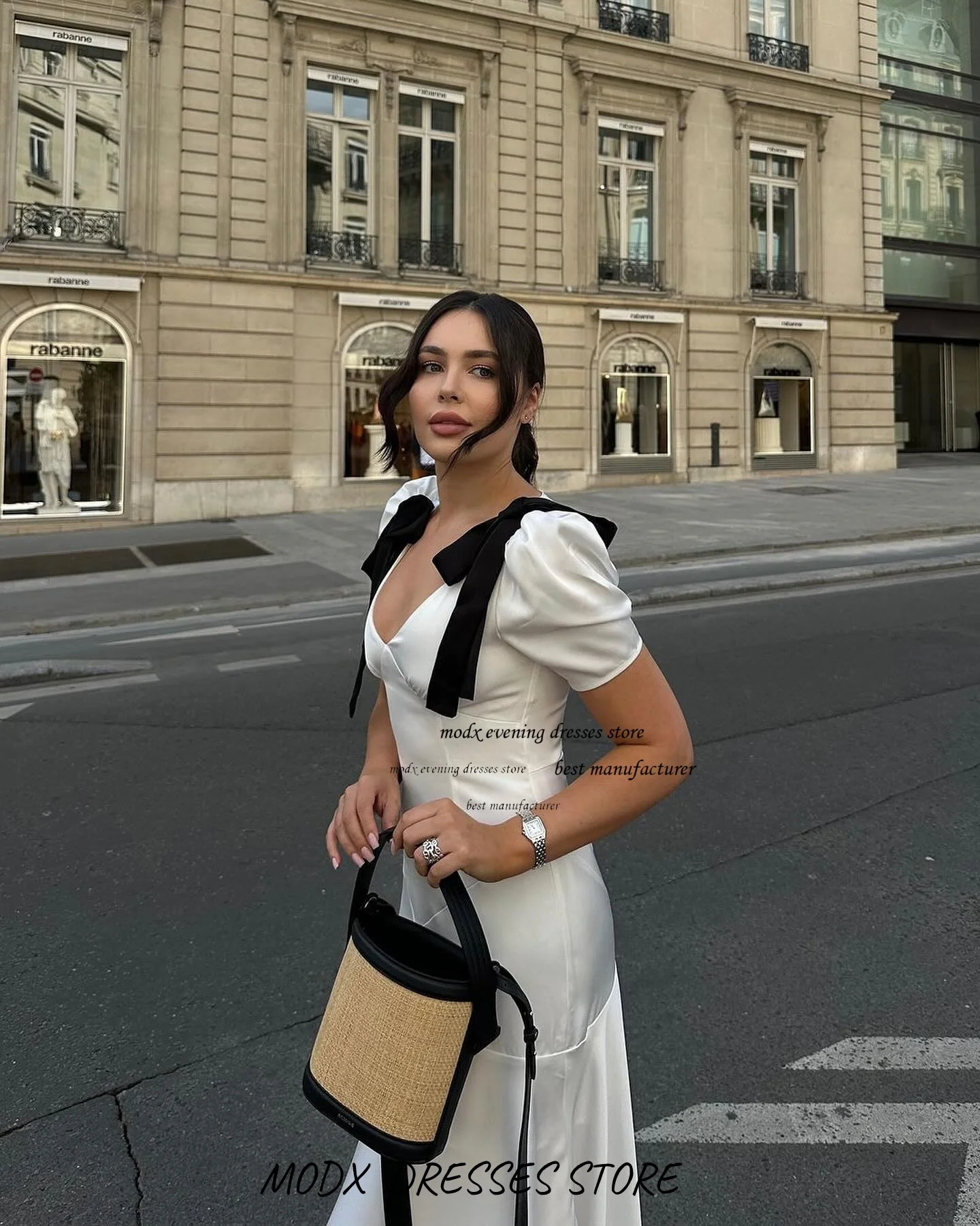 MODX A-Linien-Kleid aus weißem Satin im französischen Stil mit schwarzen Schleifen-Schulterträgern, elegantes Midikleid für Fotoshooting, Date, Sommerparty