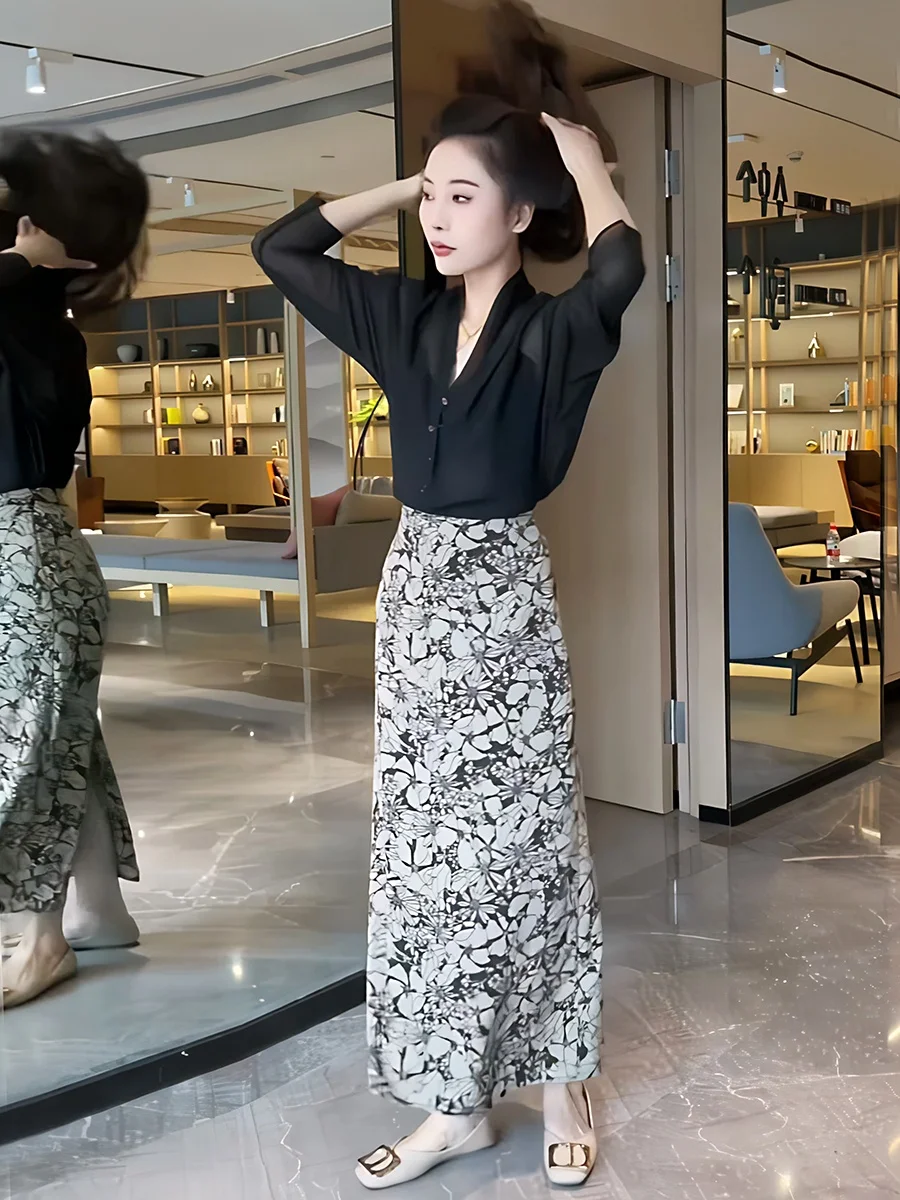 

Retro Faion Casual Floral f-length Skirt Women's Summer 2025 New High-waist Slim A-line Long Skirt Polyester Material