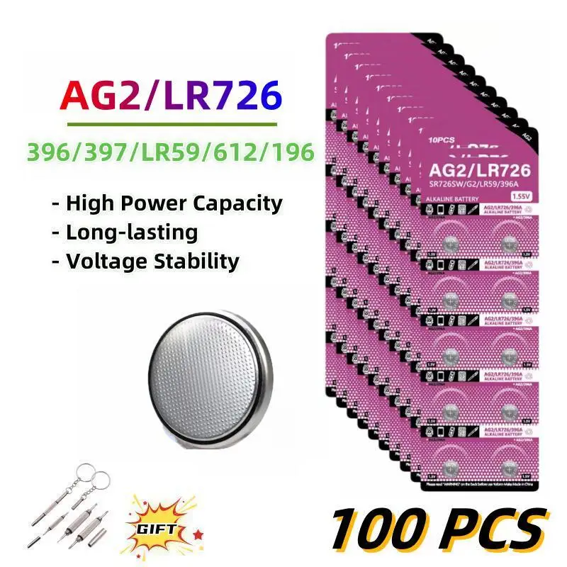 100PCS AG2 Button Batteries 396 397 LR59 LR726 196 D396 1.5V Alkaline Coin Cell Silver OxideWatch Battery