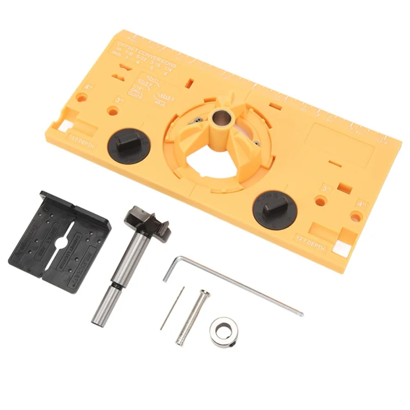 35mm Hinge Boring Jig Woodworking Hinge Hole Drilling Guide Locator With Cutter And 1/16in Bit Yellow