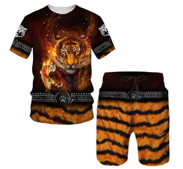 New Summer Men\'s Sets Shorts Outfits 3D Tiger Printed Short Sleeve T-shirt Two Pieces Casual Tracksuit Oversized Beach Sportwear