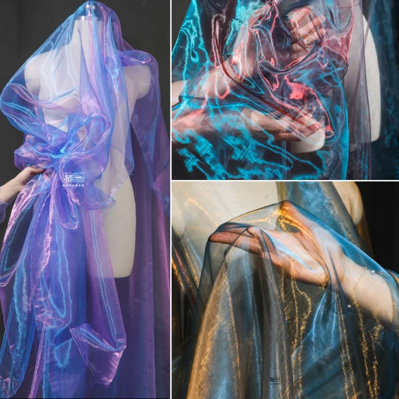 Multicolor Liquid Glossy Organza Fabric High Gloss Mesh for Dress Skirt Designer Thin Perspective Fabrics Cloth Diy Sewing