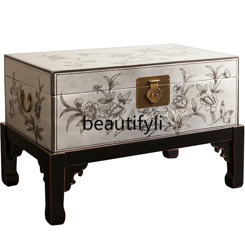 LJYSolid wood neoclassical coffee table Red Treasure box Storage box Side table Large storage coffee table