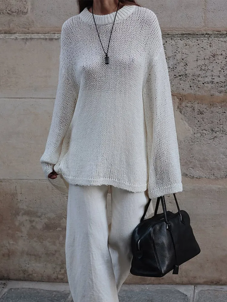 ホワイト透かし編みニットラウンドネックセーター女性のエレガントな長袖ルーズセーター 2025 新しいシックなストリート秋レトロアウター