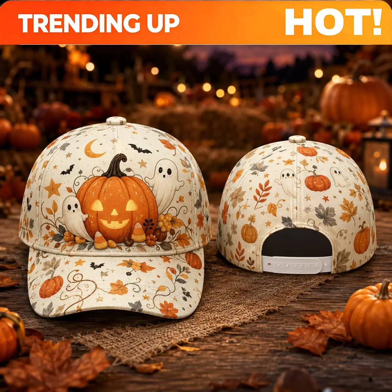Customization Women's Adjustable Buckle Baseball Cap- Cream Pumpkin Bat Maple Leaf Halloween And Autumn Party Themed Costume Hat