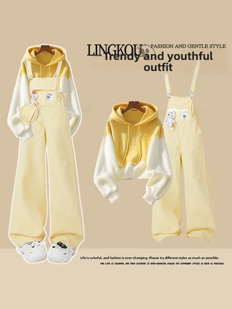 

Soft Cozy Hooded Sweatshirt And Slimming Denim Overalls Women's College Style Two-Piece Set for Autumn Casual Wear