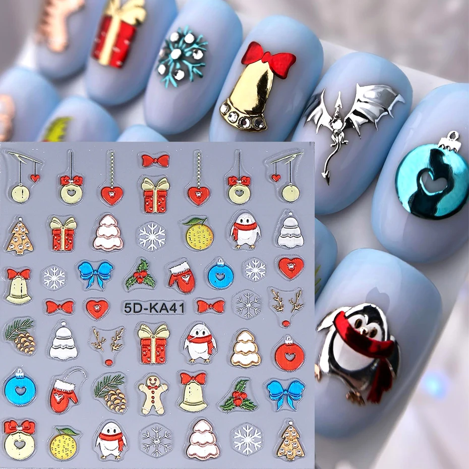 Chrom Cartoon Pinguin Nagel Aufkleber Aufkleber Lebkuchenmann Schlitten Glocken Ornament Winter Schneeflocke Nail art Dekorationen Maniküre