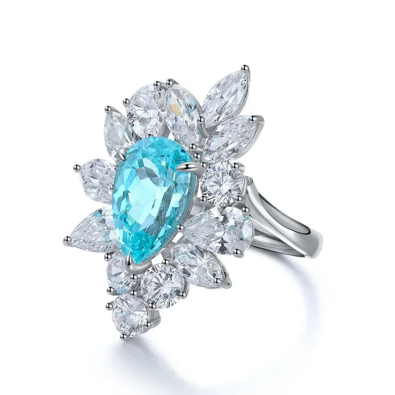 Pirmiana New Popular 5.33ct Pear Shape Lab Grown Paraiba Ring S925 Silver Engagementring for Women