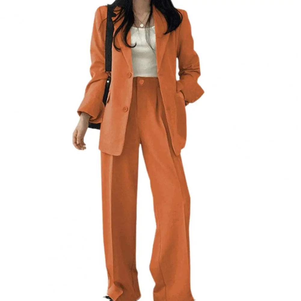 2 Pcs/Set Women Outfit Blazer Coat Pants Set Single-breasted Mid Length Pant Suit Jacket Wide Leg Lady Formal Suit Outfit