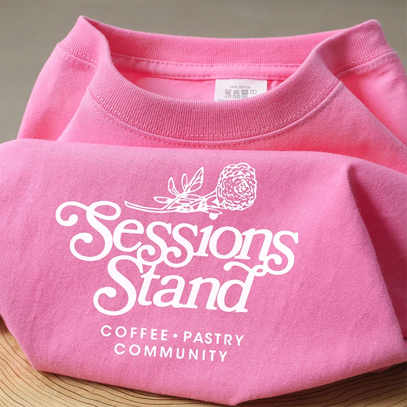 高品質ピンクレタープリント半袖tシャツレディースアメリカンスタイルカップルトップスカジュアルレジャーピュアカラー230g