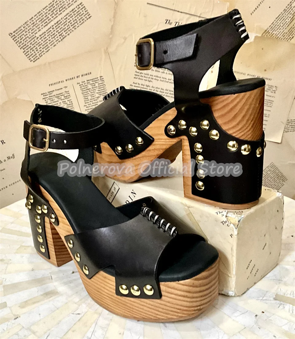 

Women Chunky Platform High Heel Rivet Decor Sandals New Fashion Wooden Bottom Peep Toe Mixed Colors Gladiator Summer Shoes