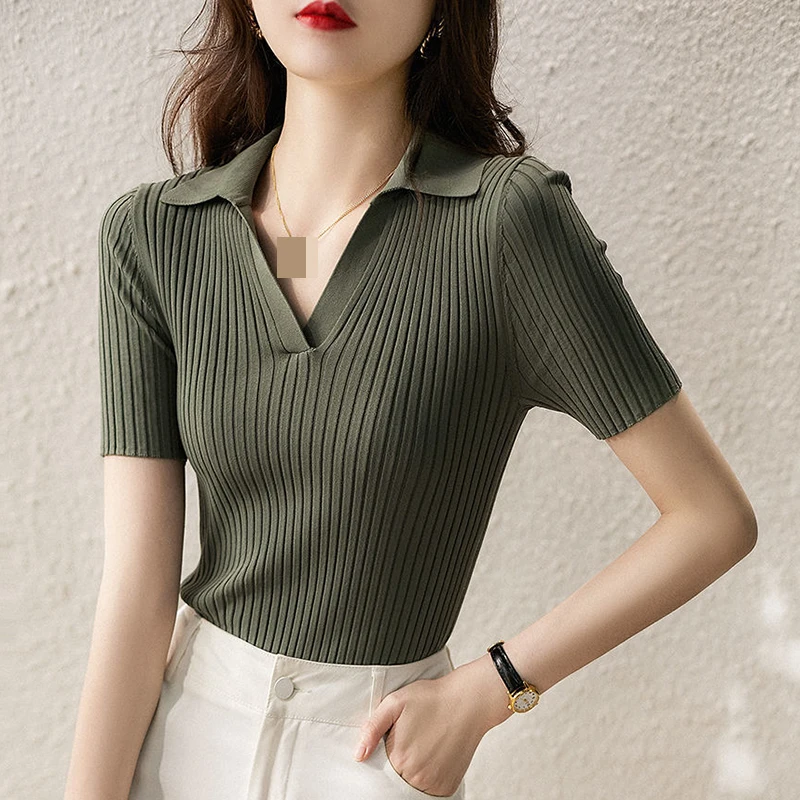 Five-point sleeve ice silk bottoming shirt women's new  short-sleeved women's new POLO collar top  shirts for women