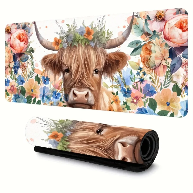 Highland Cow Floral Extended Mouse Pad with Non-Slip Rubber Base, Good for Gamers, Office, kawaii desk pad  anime mouse-pad