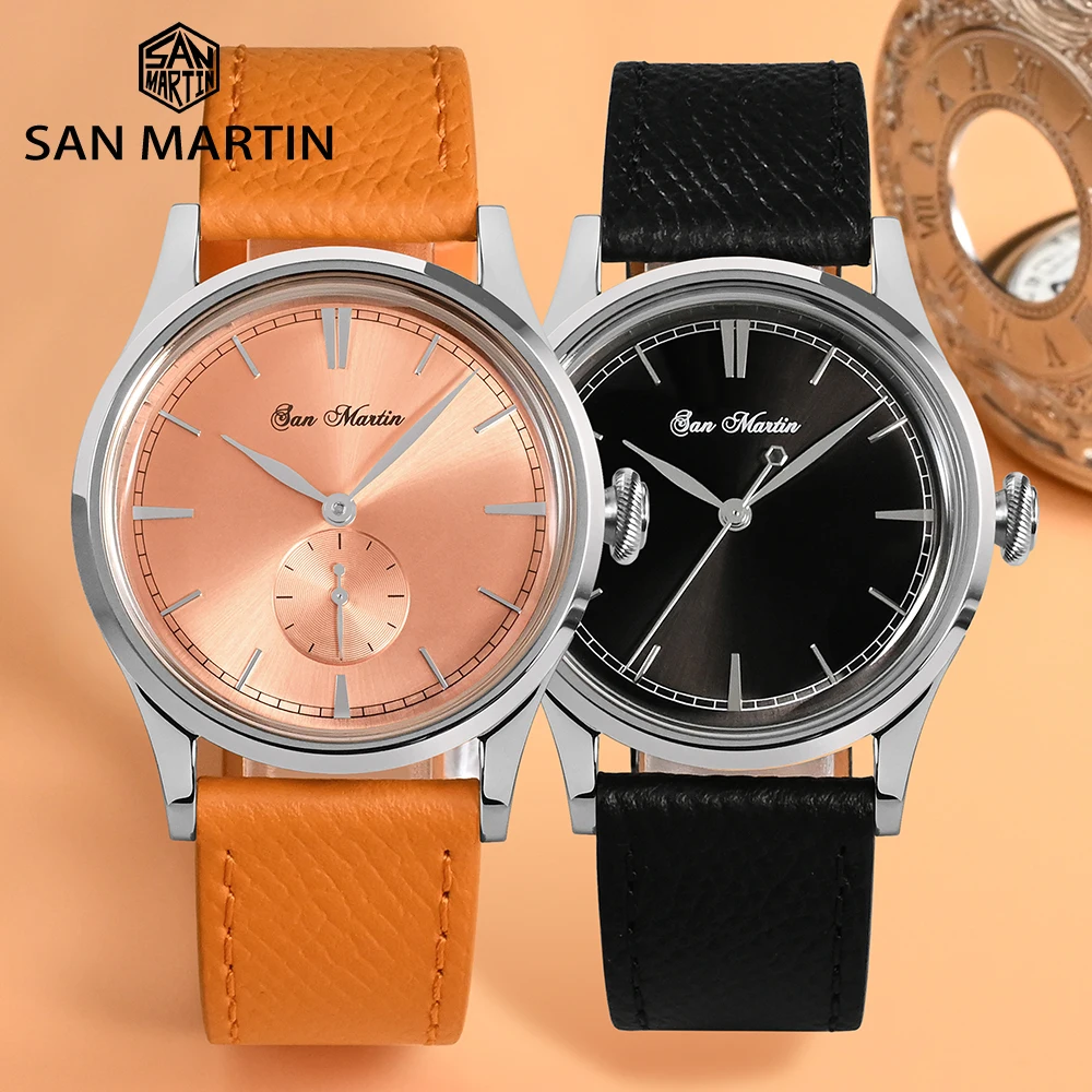 San Martin Mens Dress Watch 38mm Sunray Salmon Dial Ronda 715/6004 Quartz Movement Vintage Simple Watches 5 Bar Leather Strap