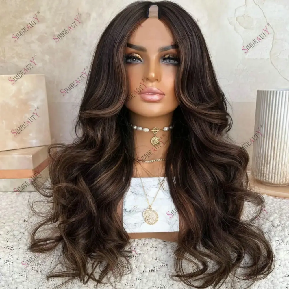 Hightlight Brown Body Wavy 1x4 Opening V Part Wig Human Hair for Women Glueless U Part Daily Wigs Remy Peruvian Hair With 6 Clip