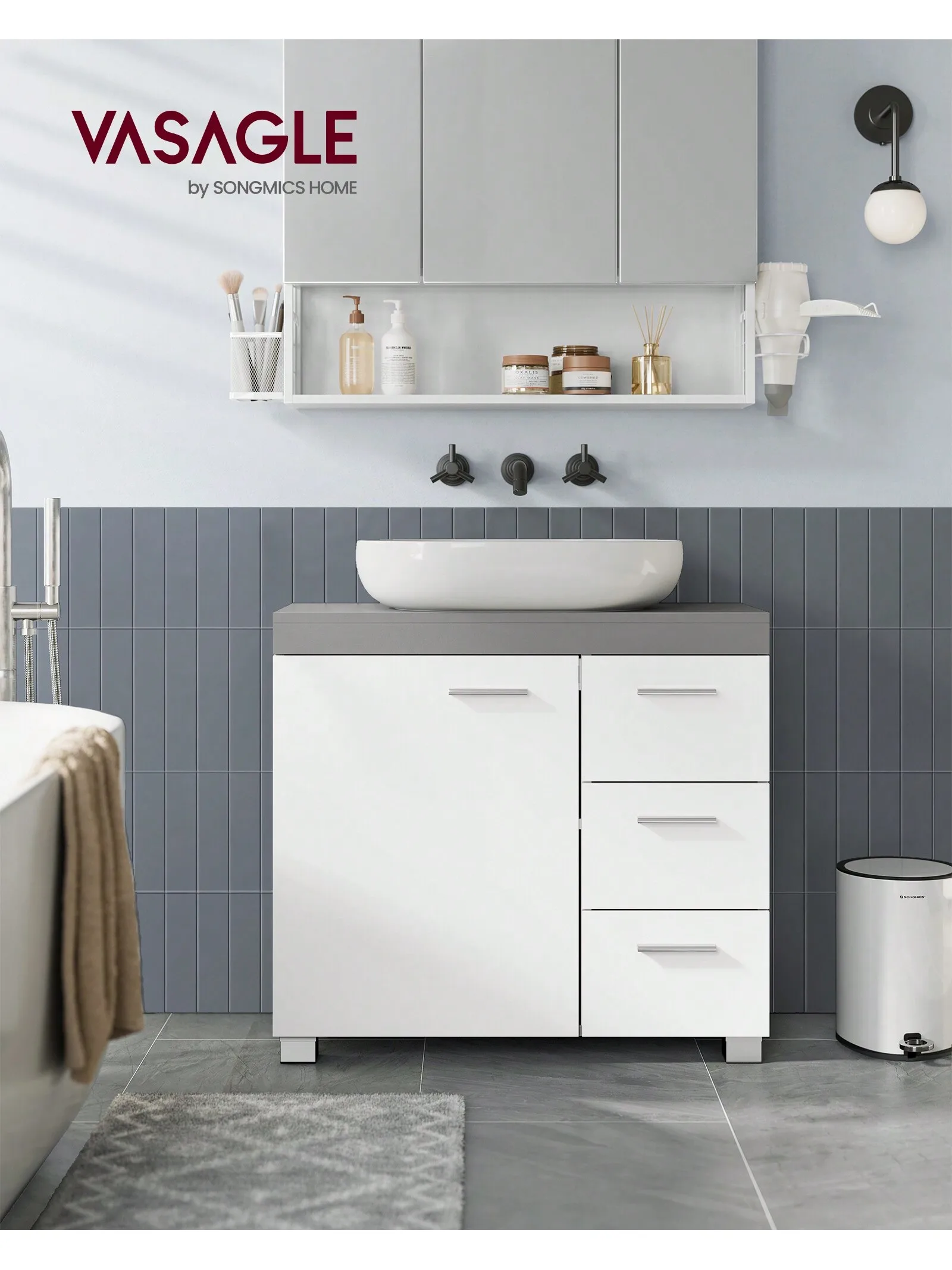 VASAGLE sotto il mobile del lavandino, mobiletto del bagno, 3 cassetti, 2 scomparti, piedini, 30x70x64cm, grigio cemento/bianco nuvola