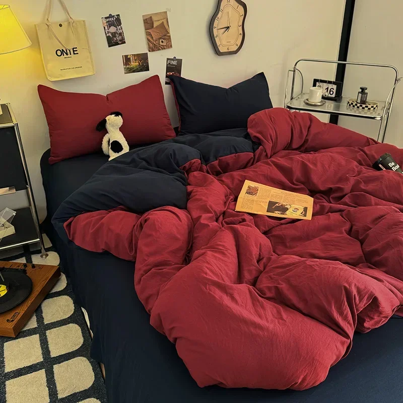 Ins Style Washed Cotton Two-Tone Bedding Set Skin-Friendly Soft Contrasting Color Duvet Cover Sets Student Dorm Home Bedclothes