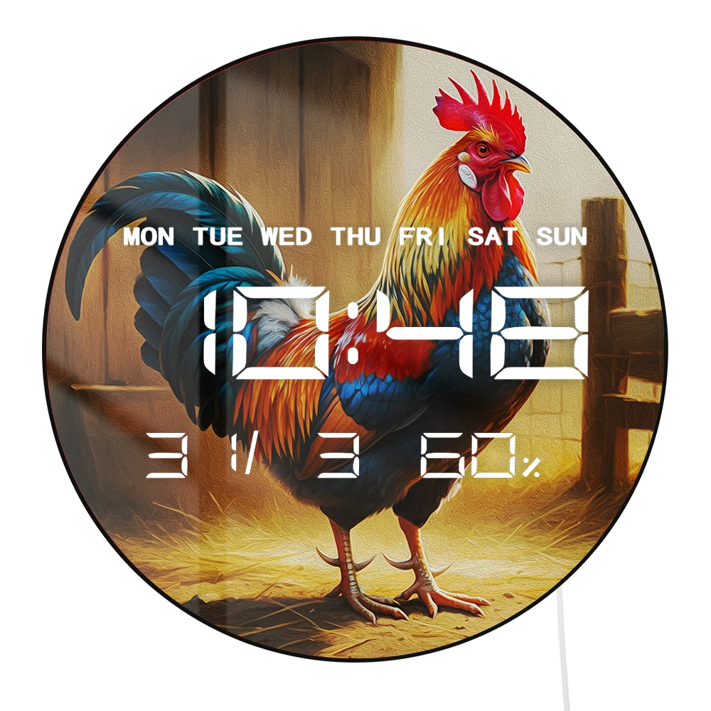 Farm Rooster Multifunctional LED Digital Wall Desk Clock Electronic Wall Clock with Temperature Humidity Calendar Date 12/24Hour
