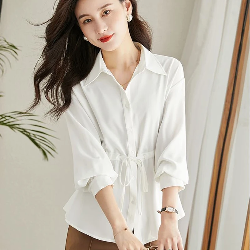 Elegant Office Women Long Sleeve Shirts 2025 Fashion Drawstring Lace Up Chiffon Blusas Korean Simple All-Match Solid Blouse New