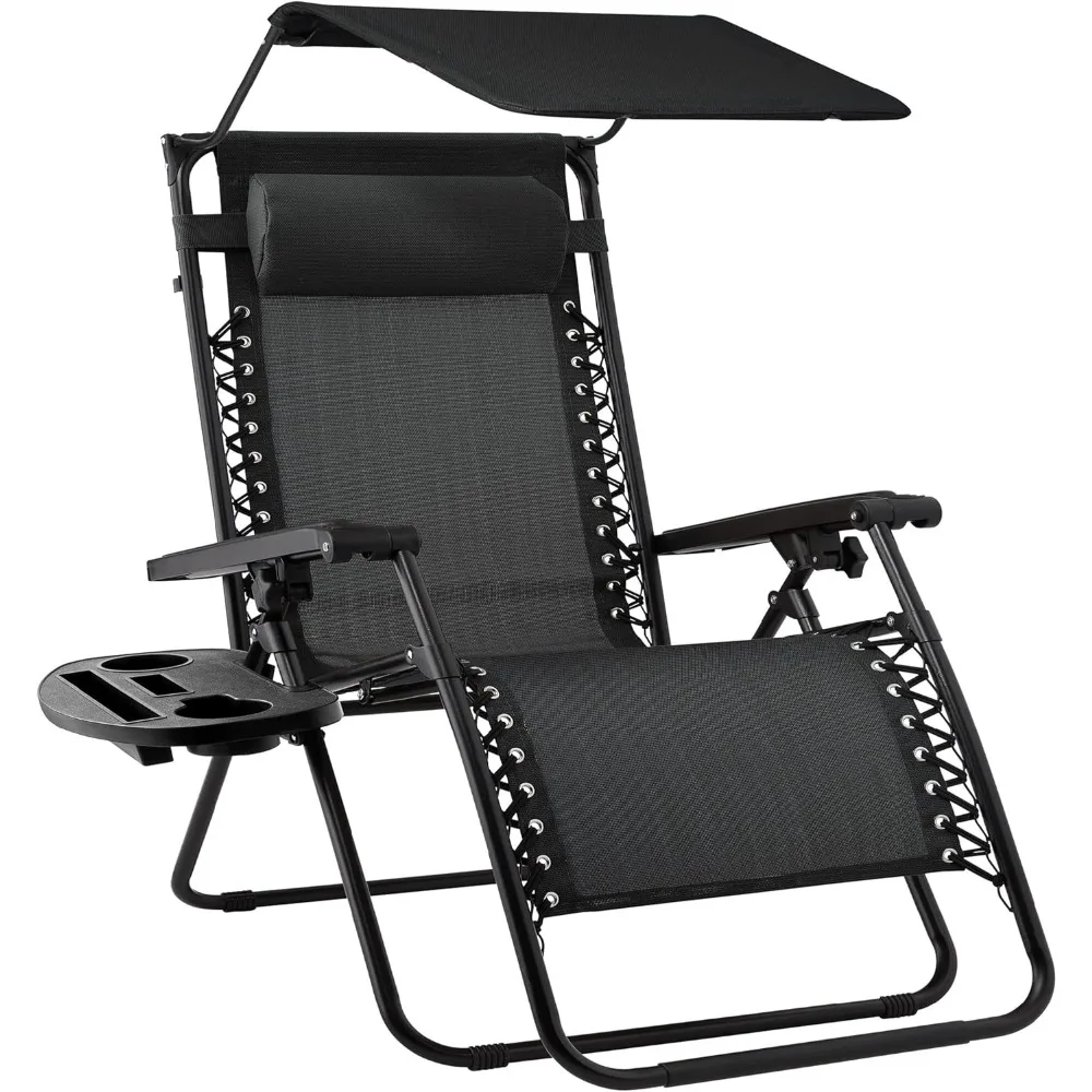 

Folding Zero Gravity Outdoor Recliner Patio Lounge Chair w/Adjustable Canopy Shade, Headrest Side Accessory Black