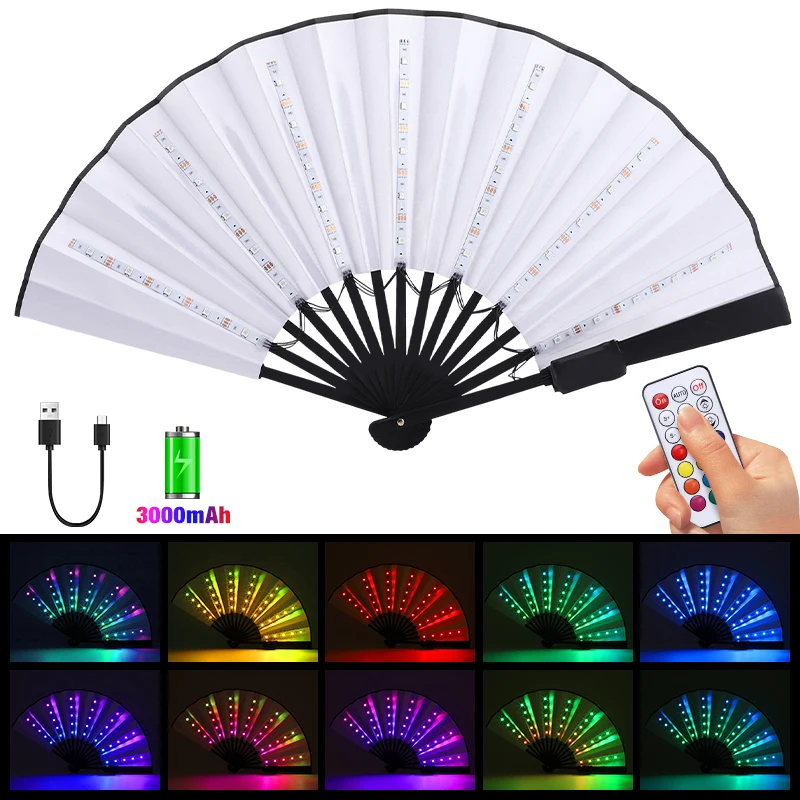 LED Colorful Glowing Folding Fan,Remote Control Chinese Hand Hold Fan,Dancing Light Fan,Concert Night Show Bar Party Rave Props