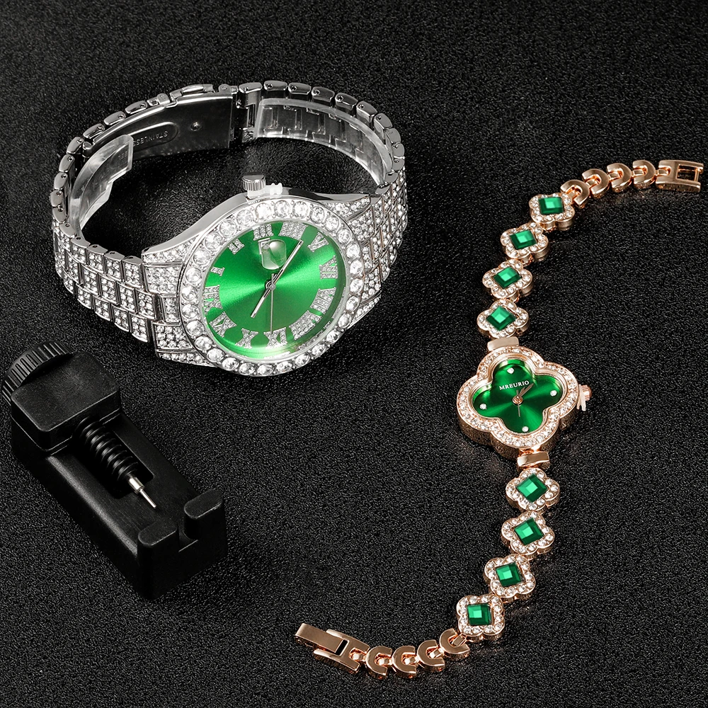 Conjunto de reloj de 2 piezas para hombre y mujer, accesorio de pulsera con diseño de trébol de cuatro hojas, diamantes incrustados, estilo Hip-hop, Punk, joyería de lujo para fiesta