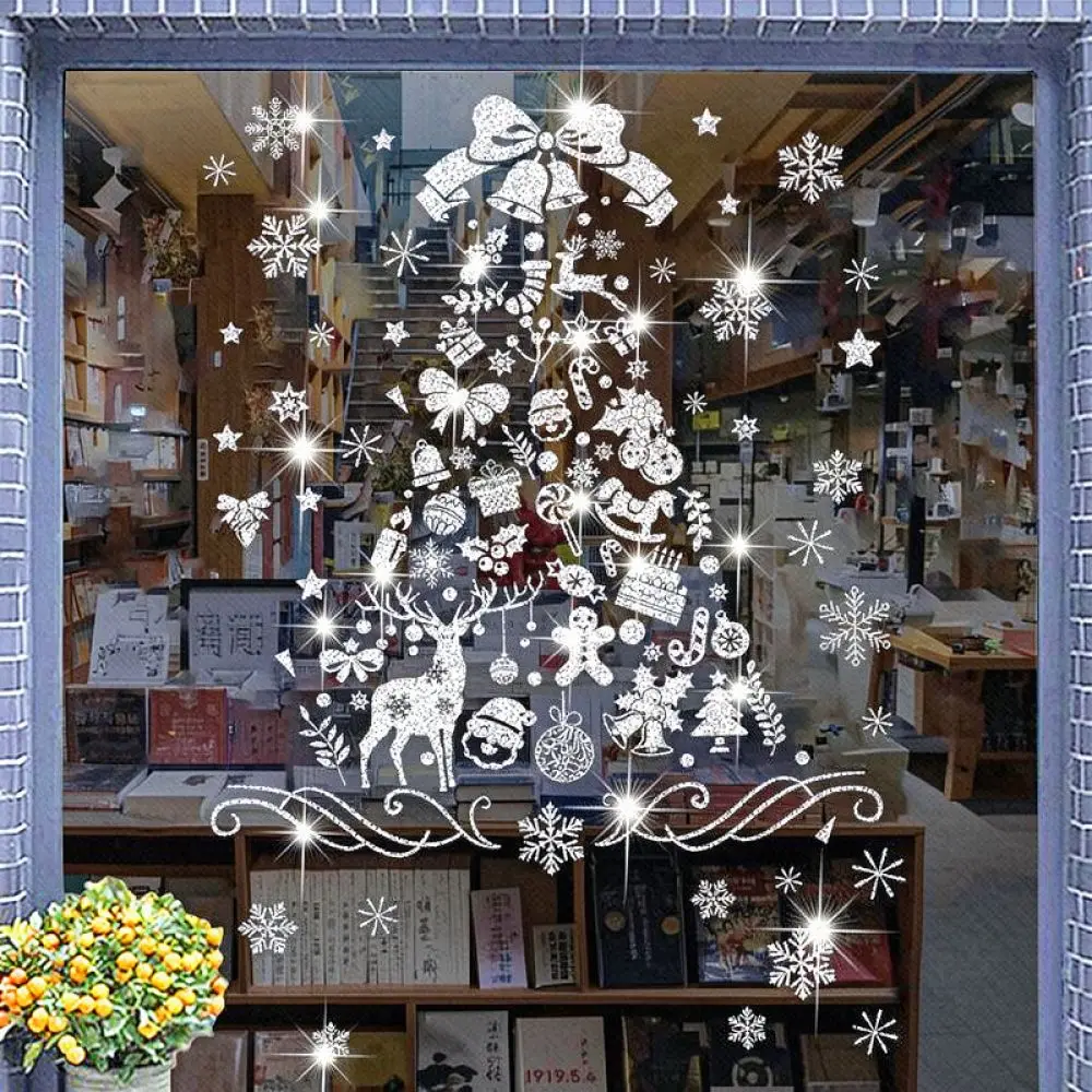Glitter Christmas Tree Window Decals Static Cling Gold Silver Stickers Festive Holiday Art For Shop Glass Surface
