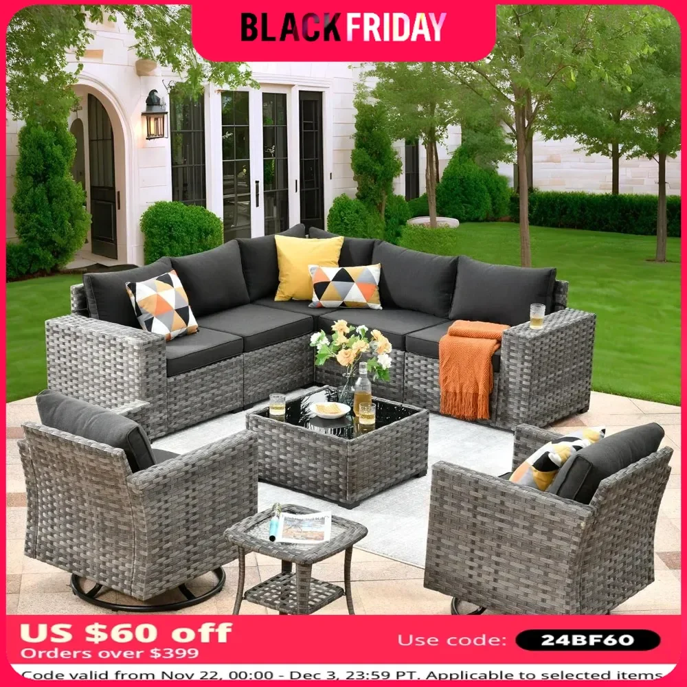 Patio Furniture Set 9 Pieces, Sofa with Swivel Rocking Chairs, Wide Arms and Deep Seat,Wicker Rattan Outdoor Sectional Sofa