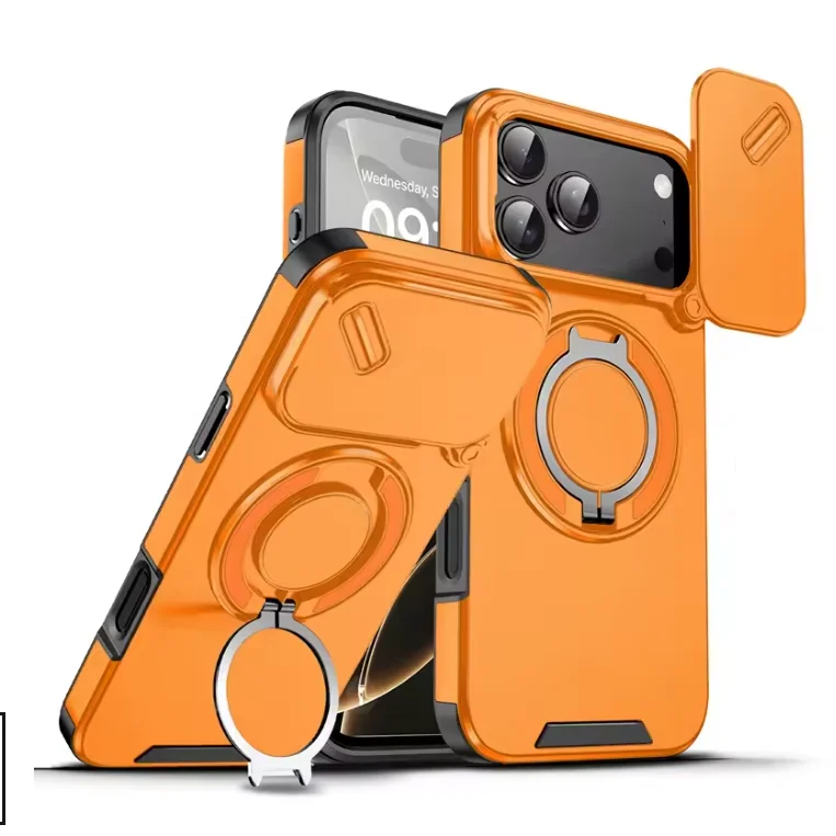 Coque de protection antichoc magnétique avec anneau support pour iPhone 17 16 15 14 13 12 Pro Max, orange, avec protection d'objectif et rabat
