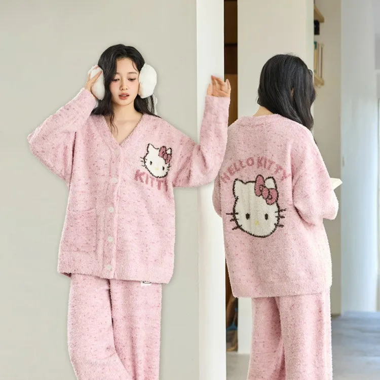 

Женский пушистый пижамный комплект Hello Kitty, розовый, зимняя одежда для сна 2025 года, повседневная одежда для сна Y2K, эстетичная, мягкая, теплая, свободная, повседневная ночная рубашка